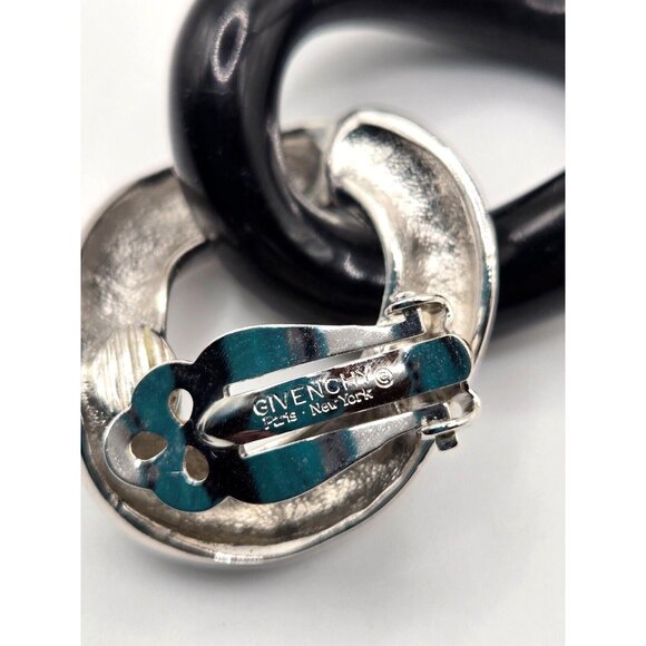 Vintage Givenchy Signed Black and Silver Large Link 2" dangle Clip Earrings - Picture 2 of 4